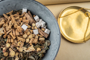 Traditional Chinese medicine concept illustration / close-up of a bowl of traditional Chinese medicine