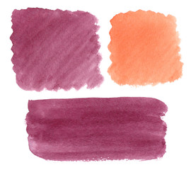 Set of hand drawn watercolor splatters isolated on white background. Abstract paint texture. Brush stroke with copy space for text. Blog decoration element, poster and greeting card template