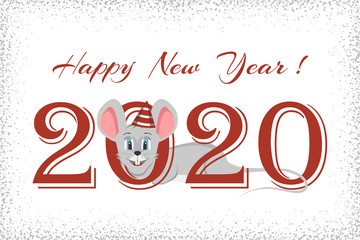 Abstract Happy New Year and Christmas 2020 greeting card on a white background with a funny mouse symbol. Used as a greeting card, flyer, poster, calendar. Landing page. Vector.