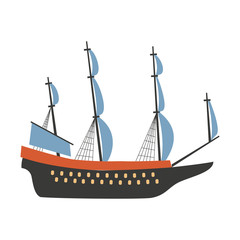 Swedish vector traditional symbol, Vasa Sailer isolated on white, colorful wooden ship with blue sails, Travel by sea transport, Marine vessel, sailing yacht logo, decorative icons sailboat flat style