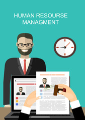 Hand holding resume and stamp with Approved.Happy men got a job. Human resources management concept, searching professional staff, analyzing resume papers, work. illustration in flat design