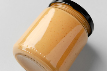 Peanut, almond, nut butter jar mockup. Closeup.