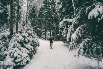 Image from afar of man tourist walking in winter forest
