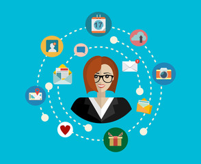 Social media network. Growth background with lines, circles and integrate flat icons. Connected symbols for digital, interactive, market, connect, communicate, global concepts. Vector illustration.