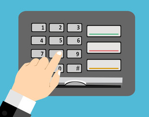 Hand finger entering with PIN code combination or password on a keypad. Flat style vector icon ATM