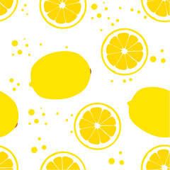 Nahtloser Vektorhintergrund mit Zitronen und Punkten. Zitronenscheibe. Saftige Zitrone. Vitamin C.