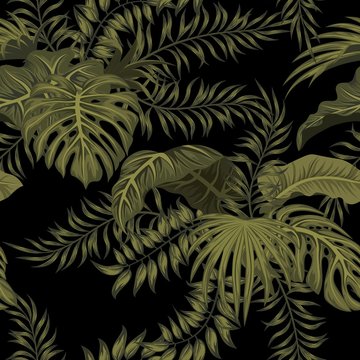 Tropical palm leaves, jungle leaves seamless vector floral pattern background.