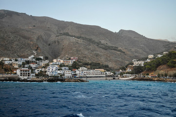 Fototapeta premium Chora-Sfakion is a village in Greece in the South of the island of Crete, on the coast of the Libyan sea, located at the end of the Imbros gorge, 74 km South of Chania.