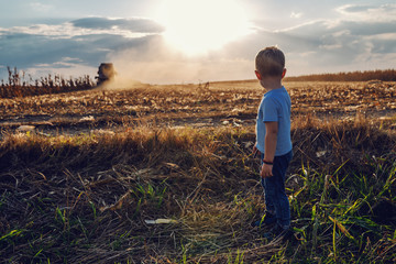 Little cute farmer boy standing on corn field and looking harvester. In background is harvester...