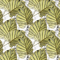 Seamless abstract pattern. Light green leaves on a white background with black splashes.