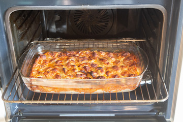 Traditional breton far cake with apples out of the oven