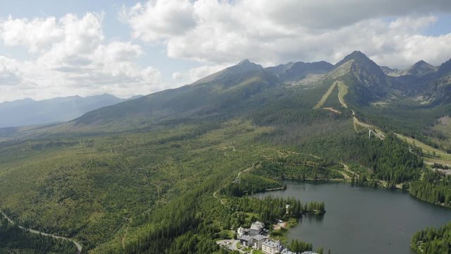 Mountain Lake and Tourist Attractions on High Tatras Mountainside, Panning Right