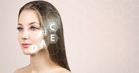 Young woman in honeycombs with graphic icons of vitamins for skin health.