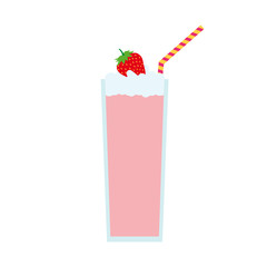 Vector illustration of cocktail with strawberry. Strawberry milkshake with straw. 