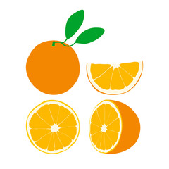 set of citrus fruits. Vector half of orange. Slice of orange. Orange with leaf.