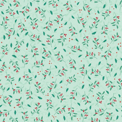 Botanical seamless vector pattern with holly berries mistletoe with shadows coloured in green. Bright Christmas background.