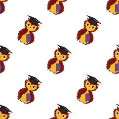 Seamless pattern. Owl with a textbook under the wing and square academic cap on its head. Back to school. Vector.