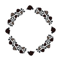 Template. Frame. A circle of burgundy and cream roses and green leaves on a white background. Vector.