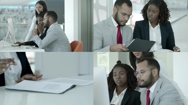 Business people using computers and working with papers. Split screen collage of male and female business people working with documents and desktop computers. Business and technology concept