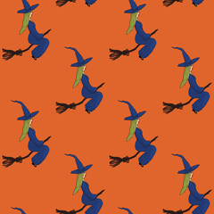 Pattern for Halloween. Witches flying on broomsticks on a orange background.  Hand drawing.  Vector.