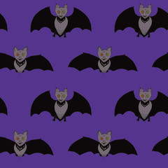 Seamless pattern for Halloween. Bats with multicolored eyes on a purple background. Hand drawing. Vector.