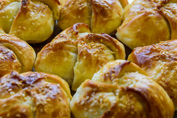 Traditional oriental meat pastries on a plate close-up. Bun with lamb.