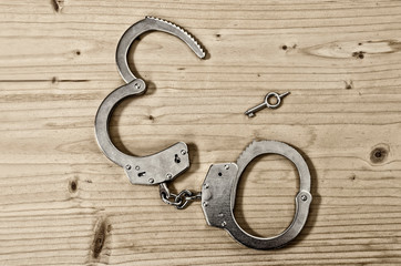 Top view of open handcuffs and key on a wooden table close-up