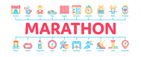 Marathon Minimal Infographic Web Banner Vector. Human Athlete Silhouette Running And Uniform, Sport Stadium For Marathon And Shoe Concept Illustrations