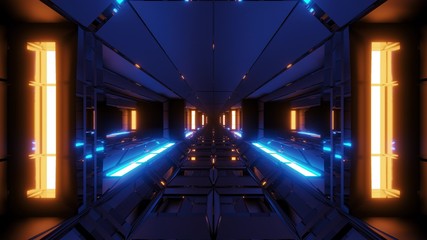 futuristic scifi space hangar tunnel corridor with glowing lights and reflections 3d illustration 3d rendering wallpaper background