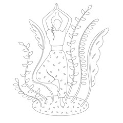 Coloring. Woman do yoga and stand in a tree asana against a background of abstract plants and a round figure. Black and white. Vector.