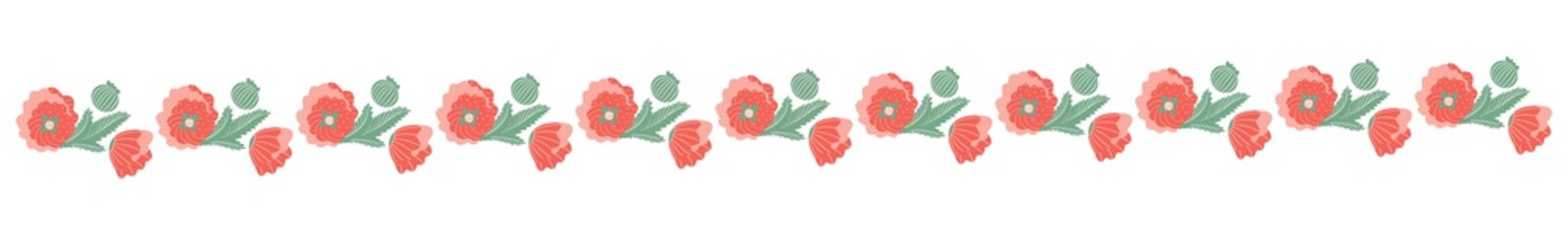 Decorative strip of poppies. Open and closed buds without stems on a white background. Vector.