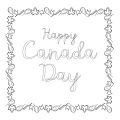 Black and white banner for Canada Day. The inscription is surrounded by a square frame of small red-yellow maple leaves, flags, balls and firecrackers. Coloring. Vector.