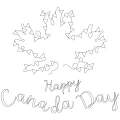 Happy Canada Day. National Canadian feast. Black and white banner. The inscription under the thread with flags in the form of a maple. Coloring. Vector.