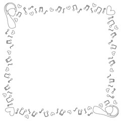 Square black and white frame of musical notes, hearts and women's heads in the headphones. Coloring. Vector.