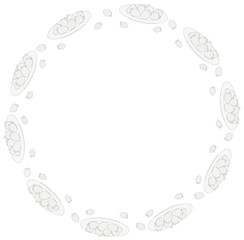 Round black and white frame pattern of plates with whole strawberries and strawberries outside. Coloring page. Vector.