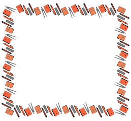 Fototapeta premium Square frame template for September 1 from stationery. Compasses, pencils, pens, rulers, notebooks, textbooks, on a white background. Back to school. Vector.