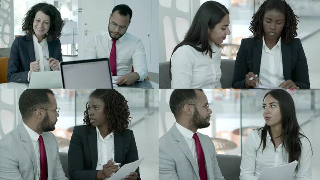 Diverse business people discussing papers. Split screen collage of multiethnic male and female business people working with documents in office. Paperwork concept