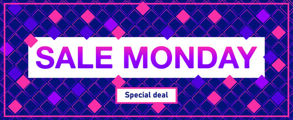 Sale cyber Monday discount concept. Inscription design template. Cyber Monday banner. Cyber Monday. Promotional online sale event. Sale monday modern banner in trendy abstract fluid neon style. EPS 10