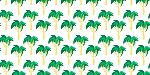 Seamless pattern. Banana trees with banana clusters hanging on them on a white background. Vector.