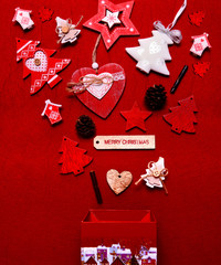 Christmas ornament in a gift box flat lay