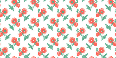 Seamless pattern of abstract bouquets of poppies with open and closed buds on a white background. Vector.