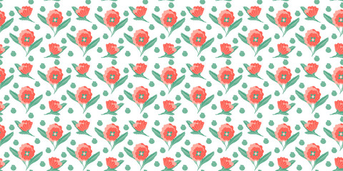 Seamless pattern of abstract poppy flowers with leaves and stems and closed buds located separately on a white background. Vector.