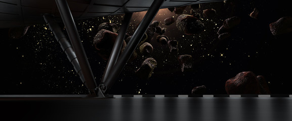 sci fi  corridor with view of space galaxy 3d rendering