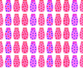 Seamless pattern of flat blueberry, strawberry, cherry, raspberry and wild berry compotes in glass jars with berries inside on a white background. Vector.
