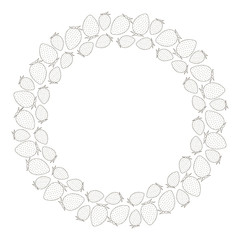 Black and white round frame of whole fresh strawberries. Vector.