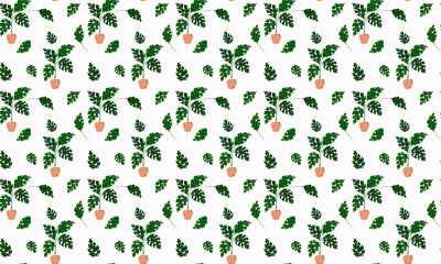 Scandinavian style seamless pattern. Tropical monstera plants growing in pots and single leaves on a white background. For fabric, wrapping, textile, etc. Vector.