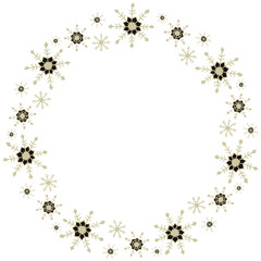 Obraz premium New Year and Christmas round pattern frame of golden-black snowflakes drawn by hand on a white background. Design element in scandinavian style. Vector.