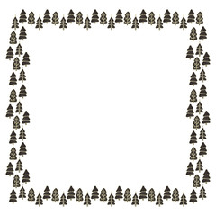 Square black-gold frame from hand-drawn Scandinavian Christmas trees for New Year and Christmas on a white background. Design element for text. Vector.