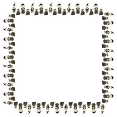 Square black-gold frame from hand-drawn Santa Clauses and bags with gifts in Scandinavian style for New Year and Christmas on a white background. Decorative template for text. Vector.