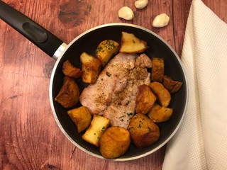 Sautéed Pork Cutlets with fried potatoes .